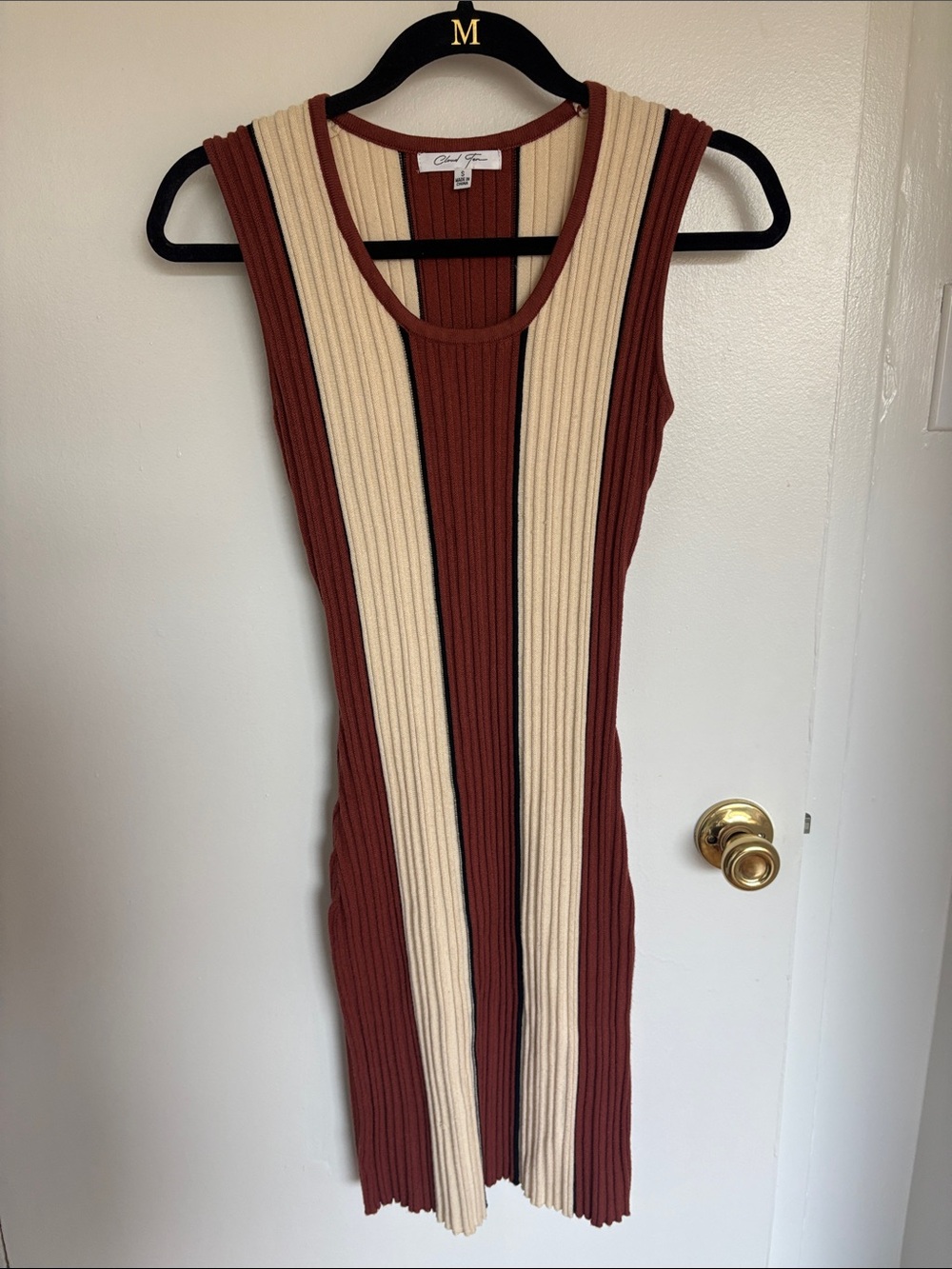 Sleeveless Ribbed Stripe Dress in Cream & Brown